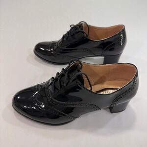Odema Patent Wingtip Oxford Heels Chunky Women Size 11 Black Lace up Academia